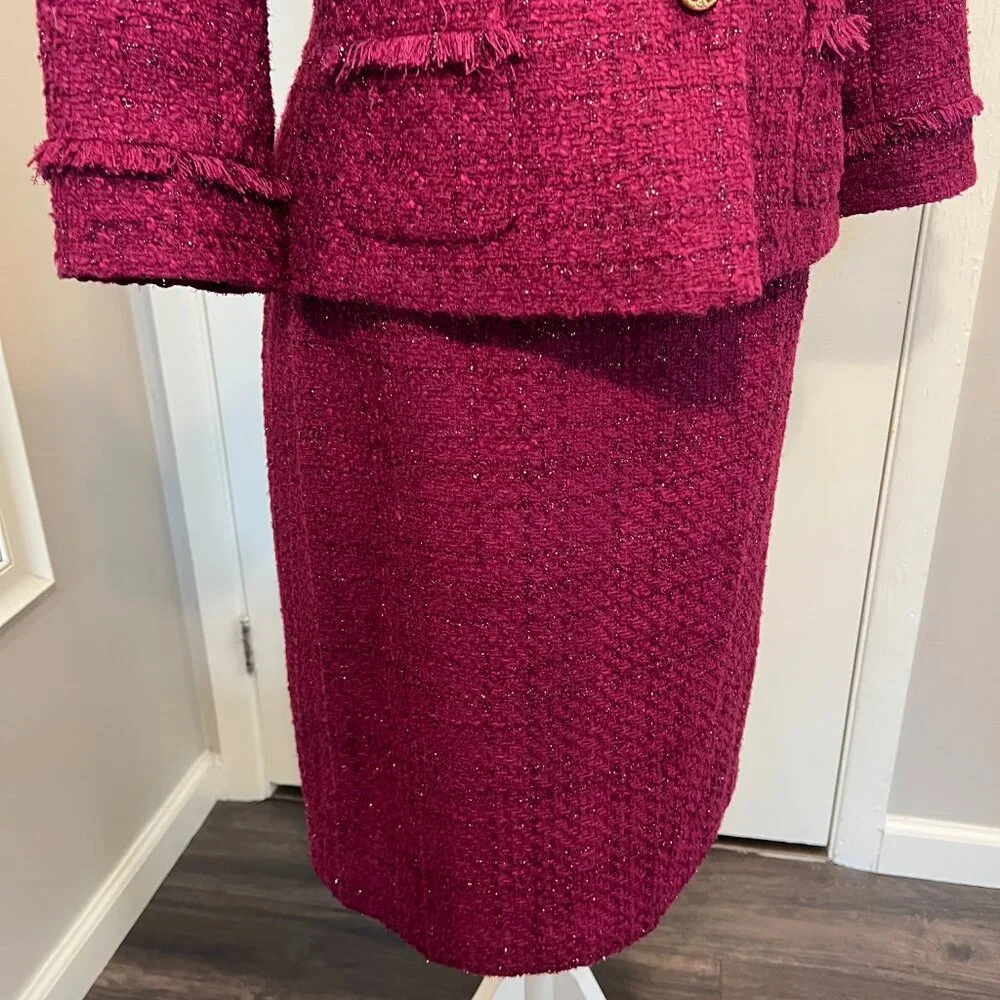 Tahari ASL Magenta Metallic Tweed Skirt Suit with Fringe Detail, Size 10 - Picture 8 of 16